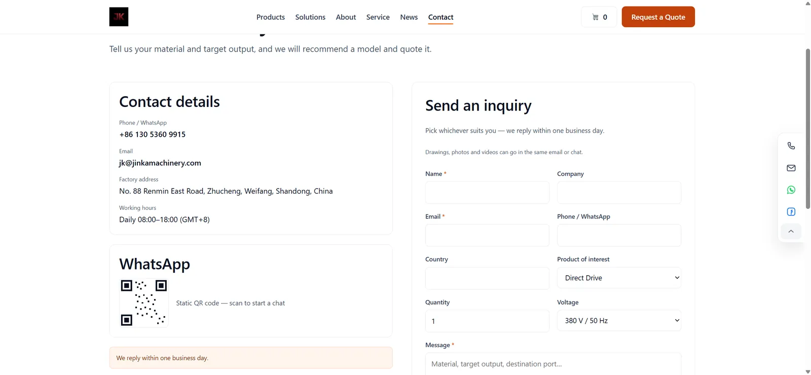 Contact page with details and an enquiry form asking for material and target output